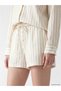 Beige Striped Women's Muslin Shorts with Elastic Waist - 3