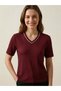 Luxury Gold Series |   Luxury V-Neck Contrast White Piping Detailed Italian Ribbed Women's T-Shirt - Burgundy