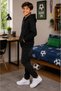 Boy's Black Hooded Zippered 3 Thread Hoodie Sweatshirt Cotton Thick Winter Casual Sports Cardigan
