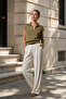 Women's Light Khaki Polo Collar Bat Sleeve 100% Cotton Knitwear Blouse - 2