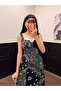 Women's Black Patterned Long Dress with Chest Lace - 3