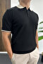 Men's Stripe Detailed Polo Collar T-Shirt Black Edw497 - 2