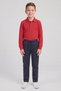 Boy's Red Long Sleeve Polo Collar T-Shirt Navy Blue Ribbed Waist Canvas School Pants Bottom Top Set School Outfit - 2