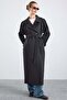 Water Repellent Trench Coat with Stand Collar, Patch and Epaulet Details Black 6878 - 6