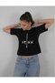 Women's Black/White "Relax" Printed Cotton Short Sleeve Long Crop T-Shirt - Crew Neck Relaxed Fit Casual Sports Minimalist Tee