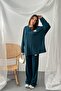 Women's Petrol Sweatshirt-Pants Set Ribbed Textured Oversized Crew Neck Sweatshirt and Wide Leg - 2
