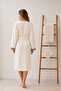 Eldy Contrast Women's Bathrobe Set 3 Pieces, 100% Cotton Certified Shawl Collar Striped Bathrobe Set - Cream - 7