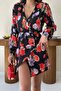 Women's Red Floral Patterned Satin Double Breasted Collar Belted Long Sleeve Mini Dress - 5