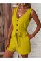 Women's Strappy V-Neck Front Buttoned Waist-Tie Short Aerobin Jumpsuit - 2