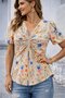 Women's Short Sleeve V Wrap Collar Floral Pattern Single Jersey Blouse - 4