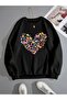 Colorful Heart Printed Black 2 Thread Ribbed Crew Neck Sweatshirt