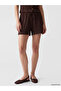 Brown Textured Women's Shorts with Elastic Waist - 2