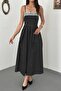 Women's Black Polka Dot Lace Thin Strap Square Neck Pocket Flared Maxi Dress - 4