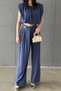 Women's Navy Blue Blouse Pants Set Modal Crop Blouse High Waist Wide Leg Pants Two Piece Set - 3