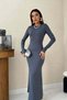 Women's Gray Long Bodycon Dress Crew Neck Long Sleeve Straight Cut - 3
