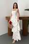 Women's Red Flower Patterned Strappy Square Neck Layered Tie Back Floral Maxi Dress - 2