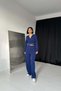 Women's Cobalt Blue Top and Bottom Set Knitwear Set Double-Breasted V-Neck Crop Blouse with Tie Detail and Pants