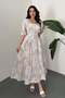 Women's Beige Midi Embroidered Ruffled Square Neck Belted Balloon Sleeve Dress