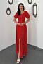 Women's Red Polka Dot V-Neck Buttoned Short Sleeve Slit Flared Maxi Dress - 2