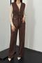 Women's Brown Suede Vest Pants Set Zippered Lace-Up Wide Leg Pants with Pockets - 4