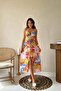 Women's Blue Strappy V-Neck Backless Floral Patterned Buttoned Midi Dress