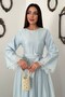 Women's Blue Long Sleeve Lace Cuff Belted A-Line Maxi Dress - 3