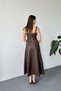 Women's Brown Strappy Faux Leather Look Square Neck Waist Accent Midi Dress - 6