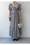 Women's Black Midi Dress with Plaid Pattern, Ruffle Collar, Balloon Sleeves and Lace Detail - 2