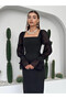 Women's Black Midi Dress Square Neck Chiffon Balloon Sleeves Ruffle Detail - 7