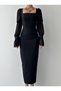 Women's Black Midi Dress Square Neck Chiffon Balloon Sleeves Ruffle Detail - 2