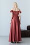Cinnamon Boat Neck Draped Slit Long Evening Dress - 8