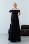 Black Boat Neck Draped Slit Long Evening Dress - 5