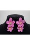 Women's Vibrant Pink Double Floral Dangle Earrings - Matte Fuchsia Flower Design Ear Clip and Stud Jewelry - 5
