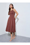 Brown Piping Detail Square Neck A-Line Midi Dress