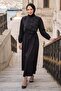 Layered Detailed Elastic Waist Belted Dress Black Hm2947 - 6