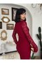 Women's Burgundy Midi Dress Lace Textured Crew Neck Long Sleeve Gathered - 5