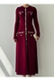 Women's Burgundy Midi Dress with Crew Neck, Long Sleeves, Button and Pocket Cover Detail - 2