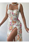 Women's White Floral Patterned Slit Detailed Lace-Up Square Neck Midi Poplin Dress - 4