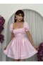 Women's Pink Mini Dress Square Collar Balloon Sleeve Bow Detail Poplin - 6