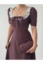 Women's Coffee Polka Dot Bow Detailed Lace Square Neck Balloon Sleeve Midi Dress - 8