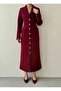 Women's Burgundy Long Cashmere Jacket with Collar, Buttons, Pockets, and Flared Cut - 2