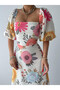 Women's White Floral Patterned Square Neck Balloon Sleeve Flounced Midi Linen Dress - 4