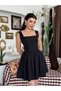 Women's Black Poplin Mini Dress with Square Collar and Button Detail and Gathered Skirt