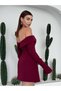 Women's Burgundy Mini Dress Boat Neck Long Sleeve Mini Atlas Dress with Pockets - 3