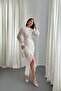 Women's White Chiffon Front Gathered High Neck Long Sleeve Slit Midi Dress - 2