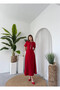 Women's Red Midi Dress with Stone Bow Detail, Crew Neck, Short Sleeves - 6