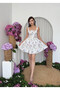 Women's White Mini Dress with Floral Pattern, Straps, Lace Detail, Flared Cut - 2