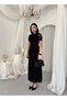 Women's Black Midi Dress with Draped Gathered Tulle Detail and Short Sleeves for Special Occasions - 4