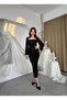 Women's Black Midi Dress Square Neck Draped Tulle Long Sleeve Fitted - 4