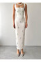 Women's White Midi Dress with Square Collar, Stone Detail, Straps and Fitted Fit - 2
